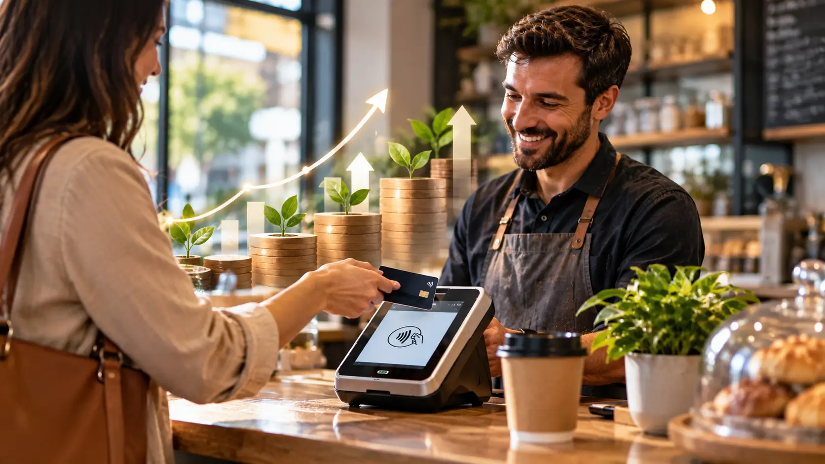 Business owner accepting a card payment through a payment terminal